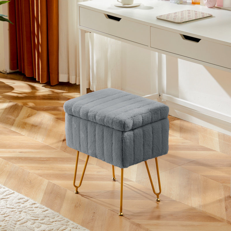 Mercer41 Vanity Stool Chair With Storage Ottoman Faux Fur Soft Padded Makeup Footstools Seat With 4 Metal Legs Anti Slip Adjustable Feet Modern Wayfair